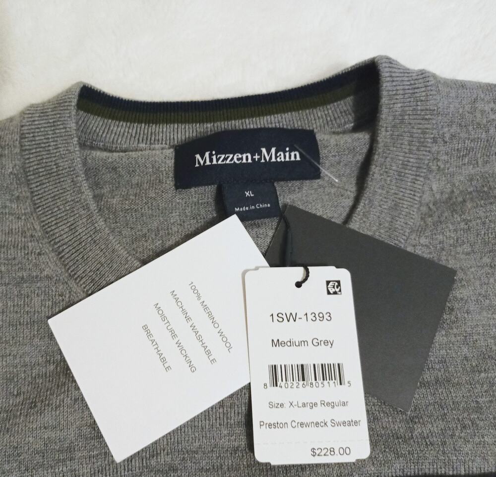 NWT $228 Mizzen Main Mens XL Preston Crewneck Sweater Merino Wool Knit Grey